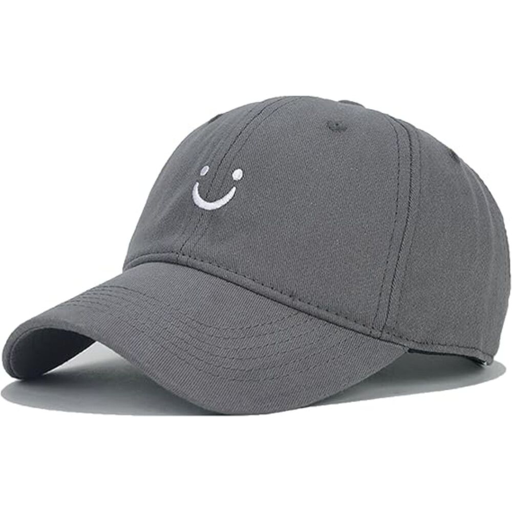 Unisex Grey 100% Cotton Smile Face Embroidered Adjustable Classic Baseball Cap
